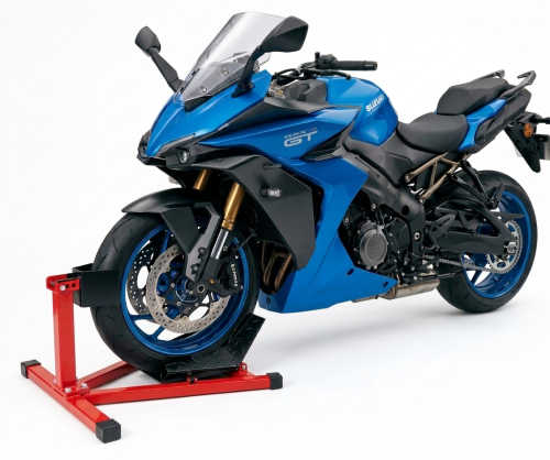 Solidny stojak motocyklowy wykonany ze stali, przeznaczony do stabilnego podnoszenia motocykla podczas serwisowania i przechowywania. Konstrukcja zapewnia bezpieczeństwo i wygodę użytkowania..png